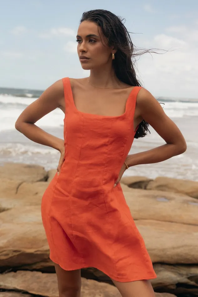 Women Linen Dresses Petal and Pup Dillion Mini Dress Blood Orange