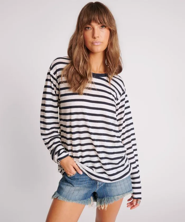 Women LINEN YARN DYE STRIPE LONGSLEEVE BOYFRIEND TEE One Teaspoon Tops