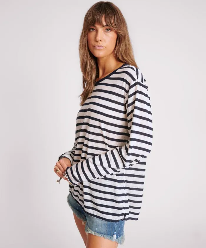 Women LINEN YARN DYE STRIPE LONGSLEEVE BOYFRIEND TEE One Teaspoon Tops