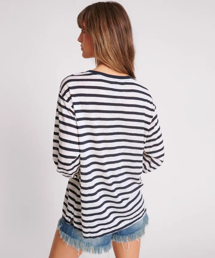 Women LINEN YARN DYE STRIPE LONGSLEEVE BOYFRIEND TEE One Teaspoon Tops