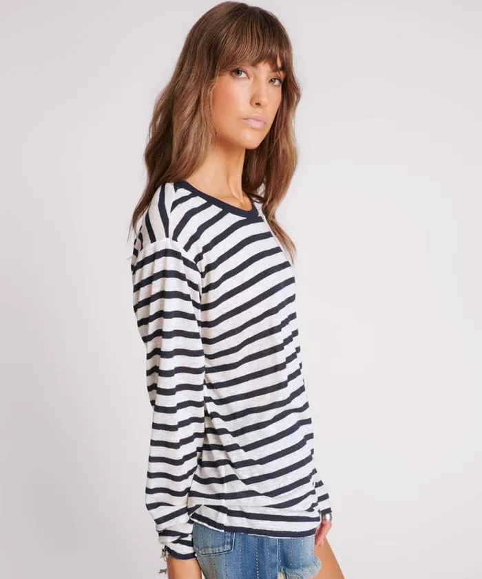 Women LINEN YARN DYE STRIPE LONGSLEEVE BOYFRIEND TEE One Teaspoon Tops