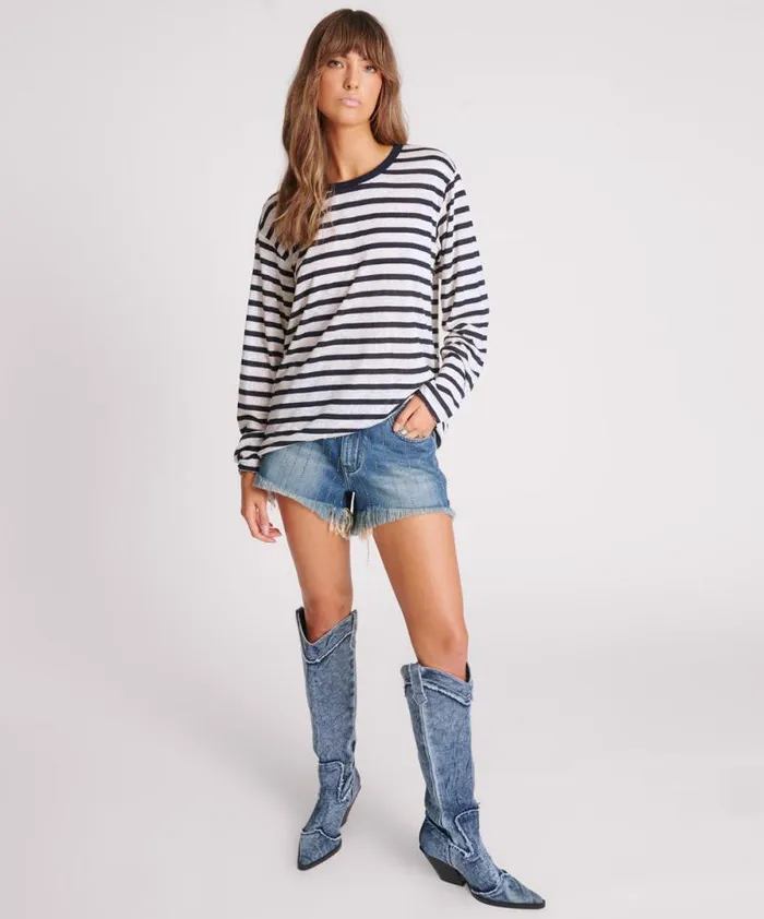 Women LINEN YARN DYE STRIPE LONGSLEEVE BOYFRIEND TEE One Teaspoon Tops