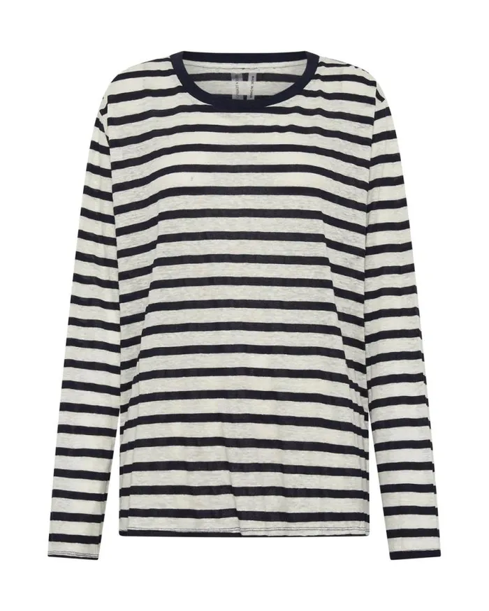 Women LINEN YARN DYE STRIPE LONGSLEEVE BOYFRIEND TEE One Teaspoon Tops
