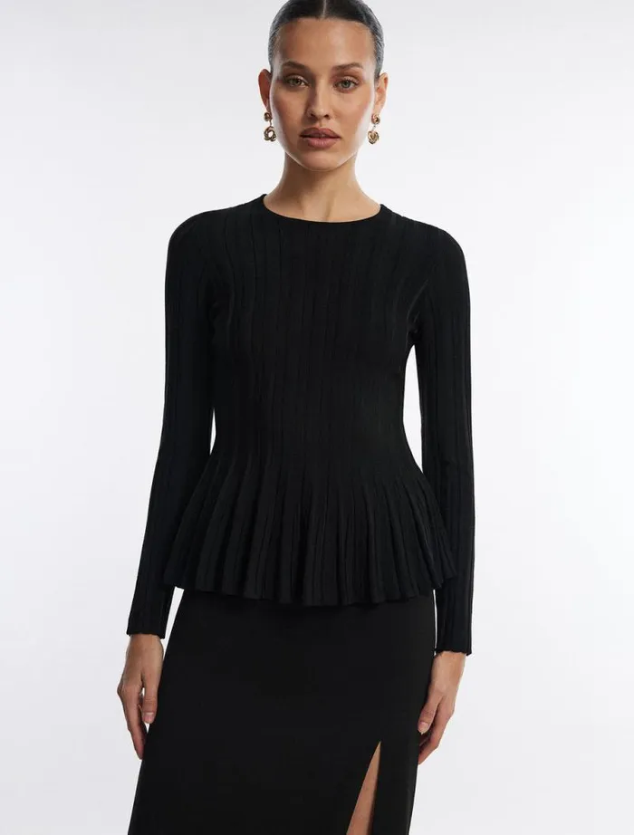 Women Long Sleeve Rib Peplum Knit Top Black BCBG Tops