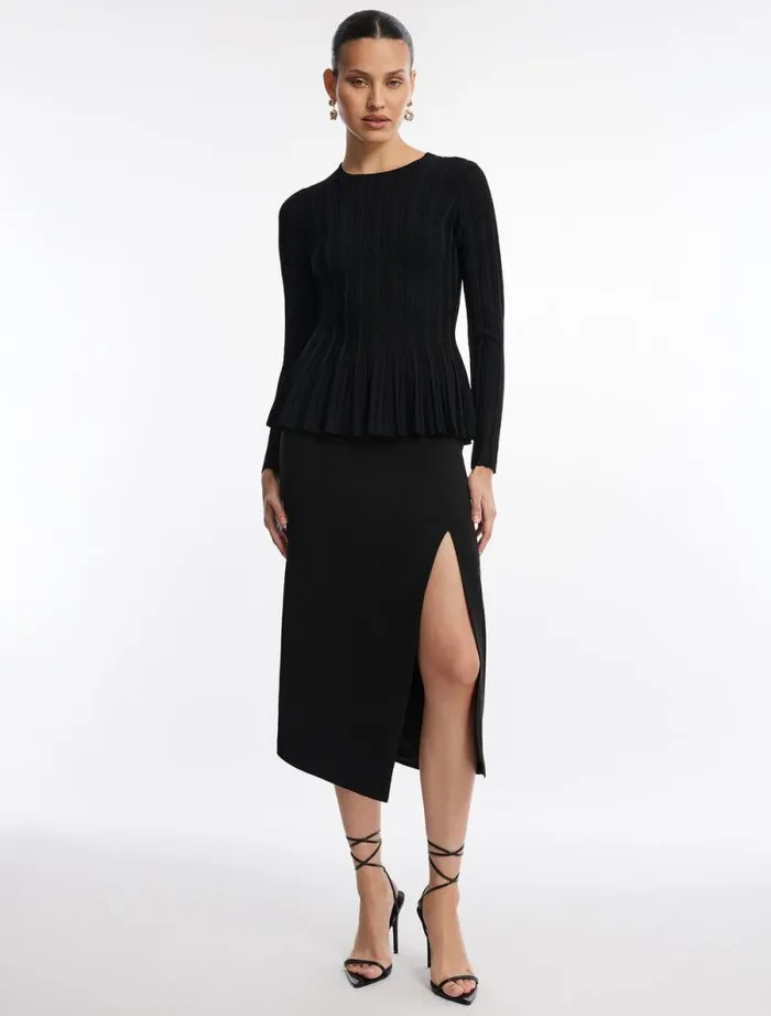 Women Long Sleeve Rib Peplum Knit Top Black BCBG Tops Women Long Sleeve Rib Peplum Knit Top Black BCBG Tops