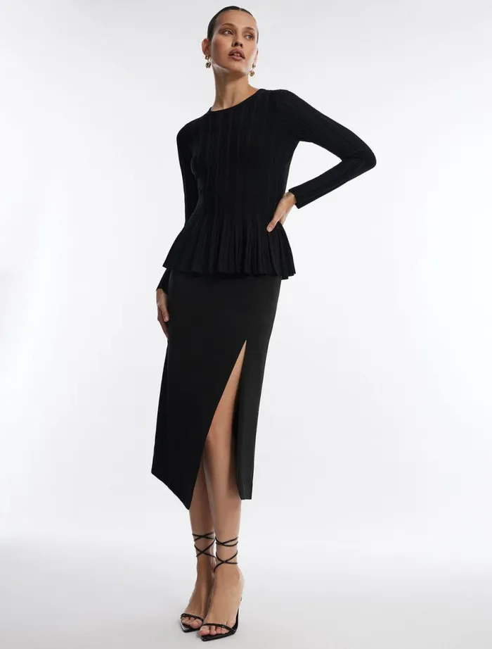 Women Long Sleeve Rib Peplum Knit Top Black BCBG Tops Women Long Sleeve Rib Peplum Knit Top Black BCBG Tops
