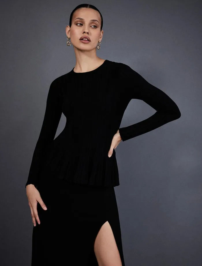 Women Long Sleeve Rib Peplum Knit Top Black BCBG Tops Women Long Sleeve Rib Peplum Knit Top Black BCBG Tops