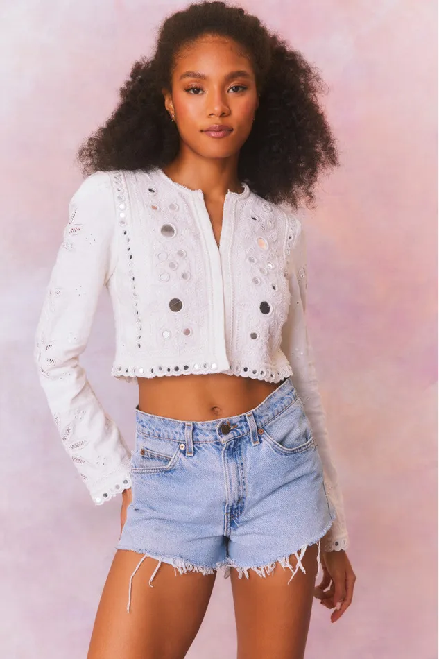Women LoveShackFancy Jackets and Coats Veranda Artisanal Cropped Jacket True White Women LoveShackFancy Jackets and Coats Veranda Artisanal Cropped Jacket True White