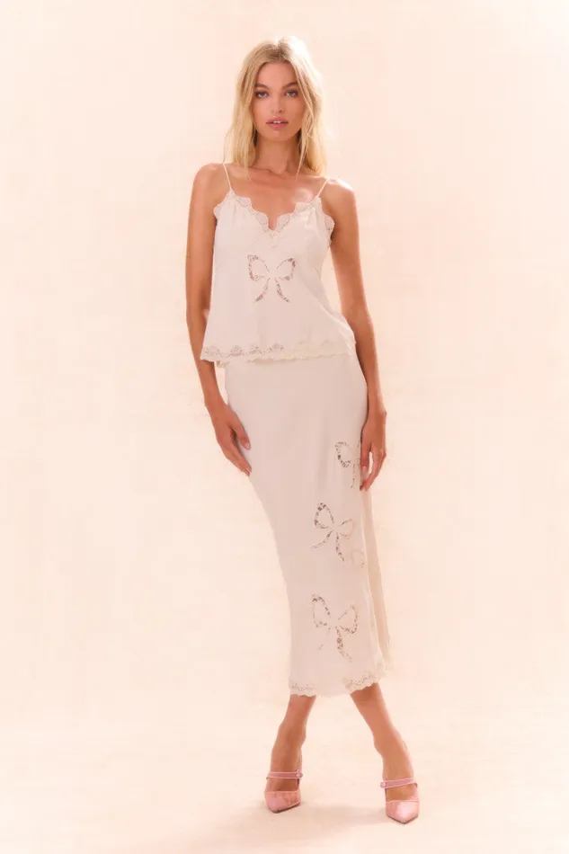 Women LoveShackFancy Skirts Darion Scallop Lace Bow Midi Skirt Cream
