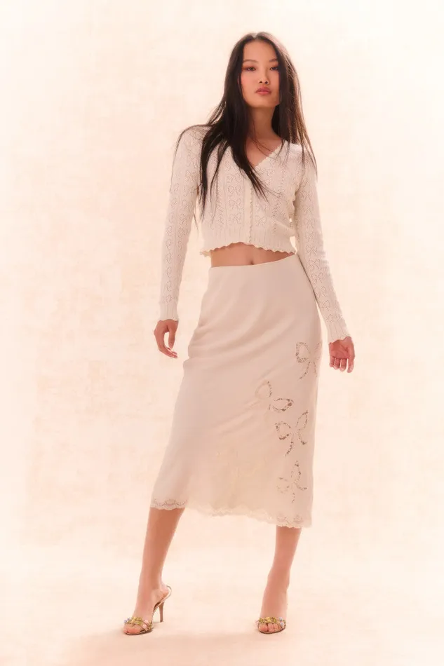 Women LoveShackFancy Skirts Darion Scallop Lace Bow Midi Skirt Cream