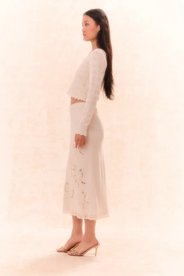 Women LoveShackFancy Skirts Darion Scallop Lace Bow Midi Skirt Cream