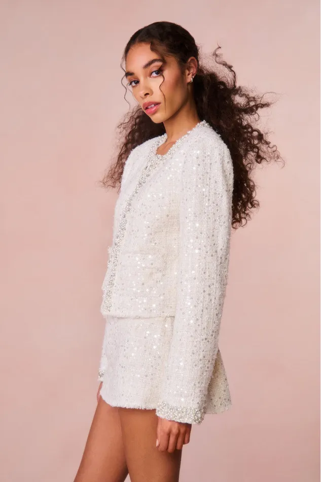 Women LoveShackFancy Skirts Wendina Sequined Tweed Mini Skirt Cream