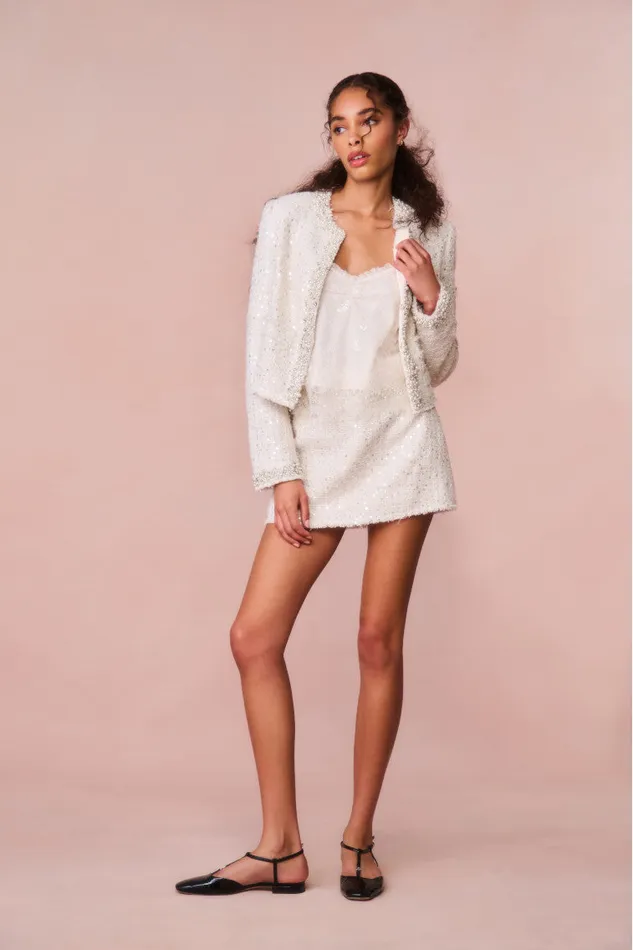 Women LoveShackFancy Skirts Wendina Sequined Tweed Mini Skirt Cream