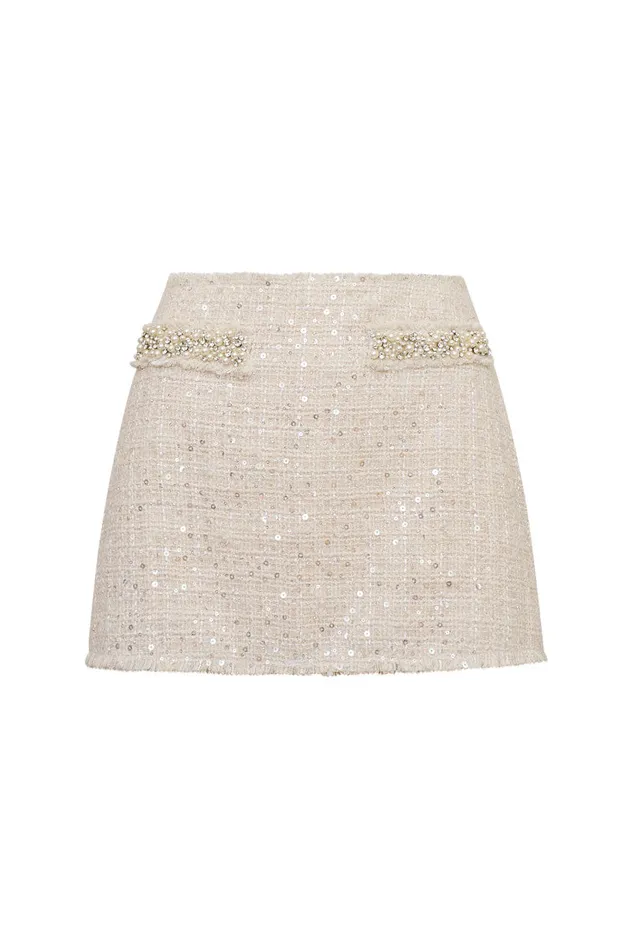 Women LoveShackFancy Skirts Wendina Sequined Tweed Mini Skirt Cream