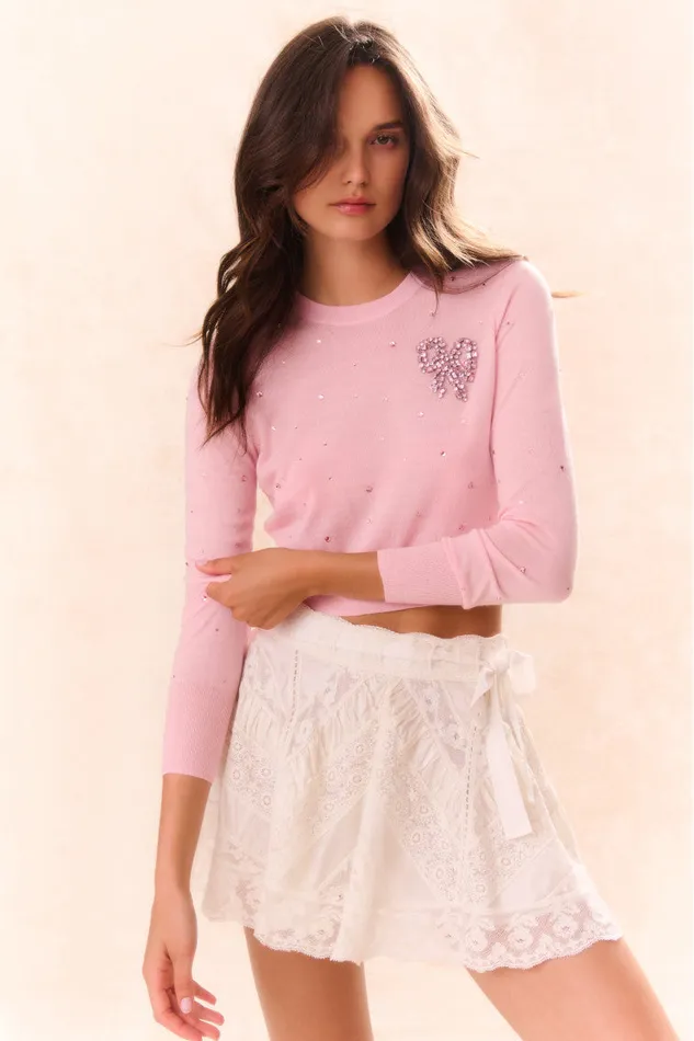 Women LoveShackFancy Sweaters Pammie Embellished Wool Pullover Pink Frosting
