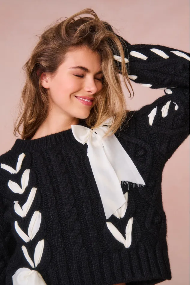 Women LoveShackFancy Sweaters Parson AlpacaBlend Ribbon Pullover Midnight Noel