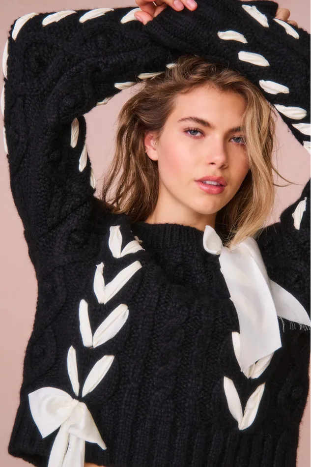 Women LoveShackFancy Sweaters Parson AlpacaBlend Ribbon Pullover Midnight Noel