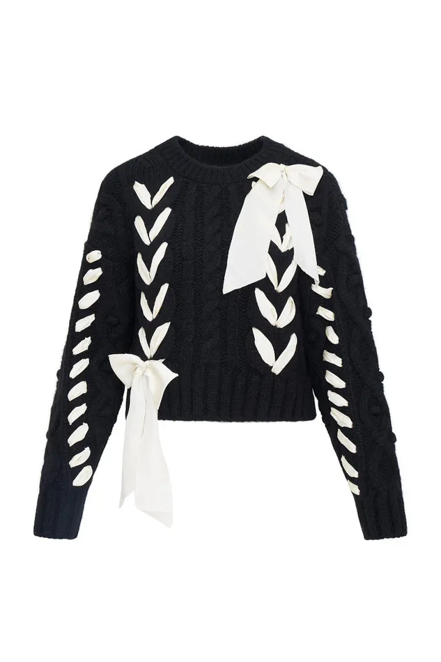 Women LoveShackFancy Sweaters Parson AlpacaBlend Ribbon Pullover Midnight Noel