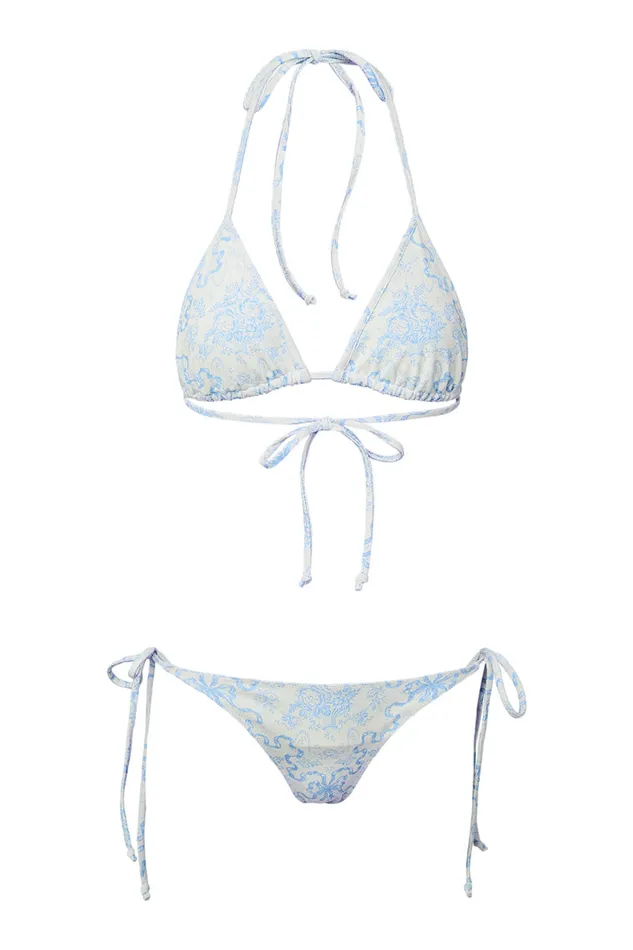 Women LoveShackFancy Swim Harbor Bow Print Triangle Bikini Swim Set Blissful Blue