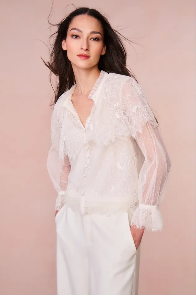 Women LoveShackFancy Tops Duquette Sheer Lace Top Ivory