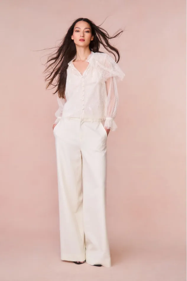 Women LoveShackFancy Tops Duquette Sheer Lace Top Ivory