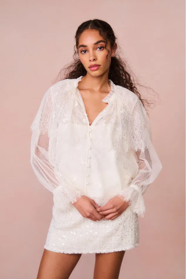 Women LoveShackFancy Tops Duquette Sheer Lace Top Ivory