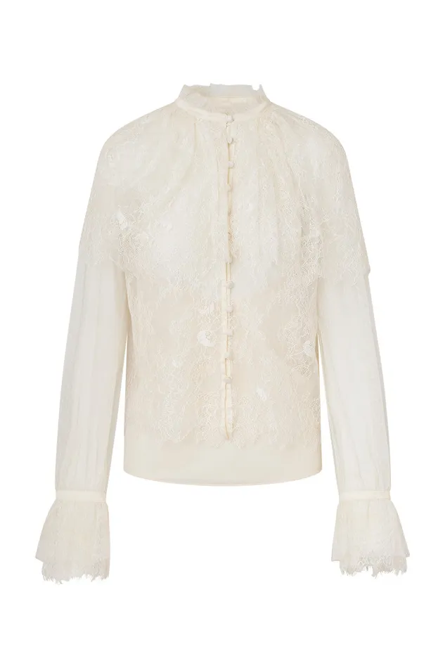 Women LoveShackFancy Tops Duquette Sheer Lace Top Ivory
