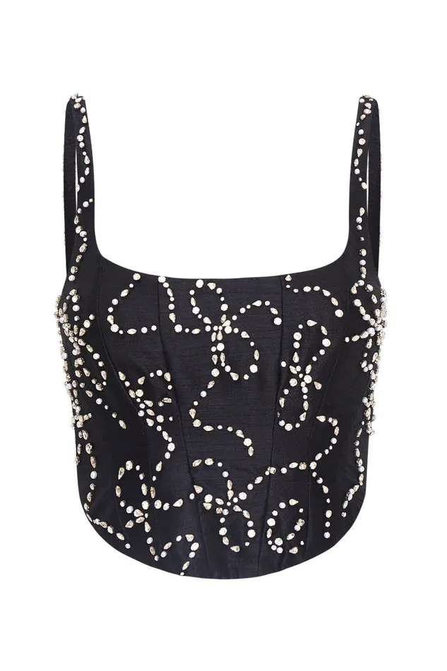 Women LoveShackFancy Tops Glorianna Embellished Corset Top Black