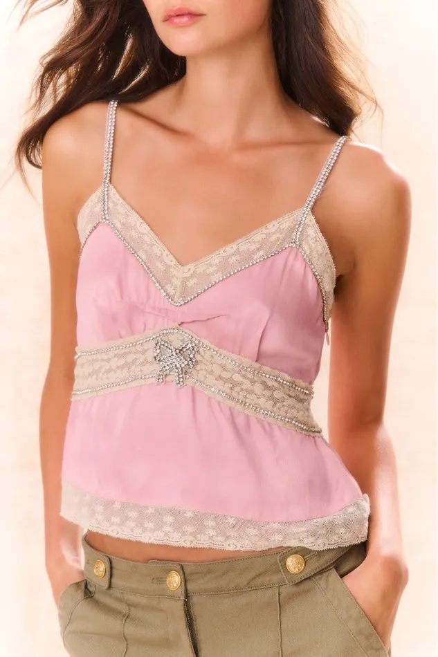 Women LoveShackFancy Tops Laticia Embellished Satin Top Ash Pink