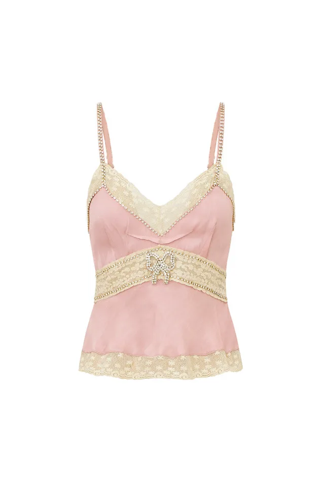 Women LoveShackFancy Tops Laticia Embellished Satin Top Ash Pink