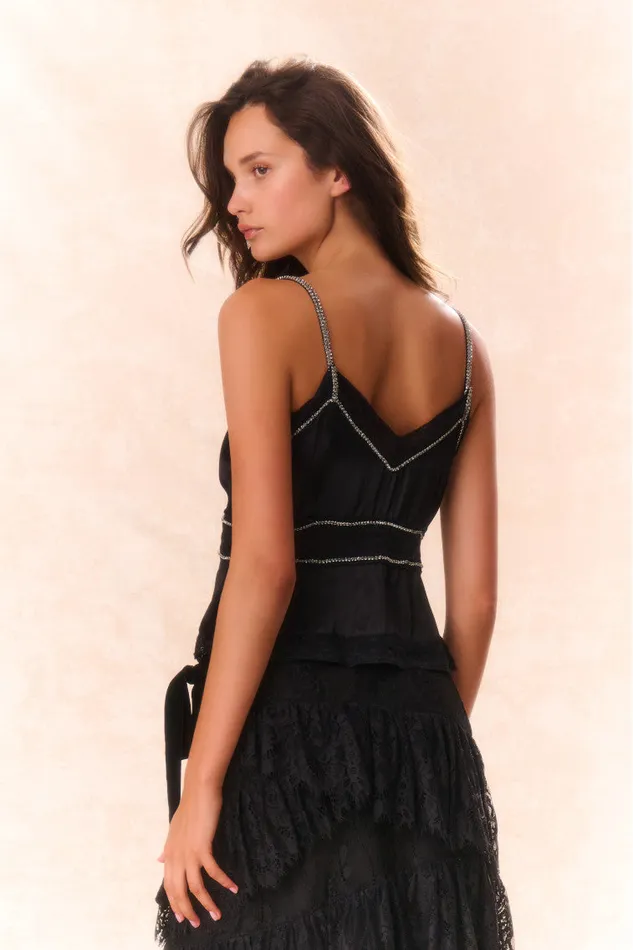 Women LoveShackFancy Tops Laticia Embellished Satin Top Black
