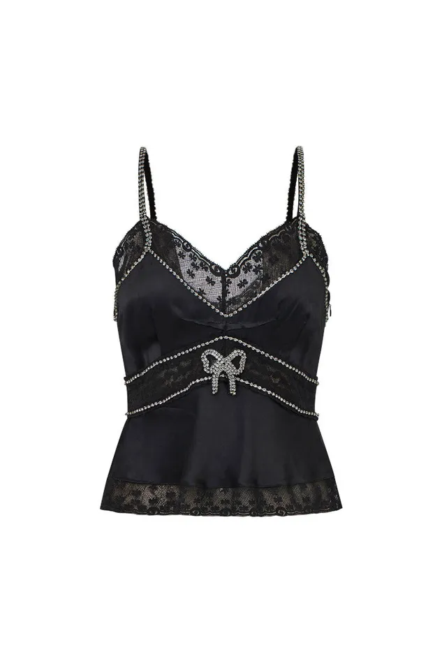 Women LoveShackFancy Tops Laticia Embellished Satin Top Black