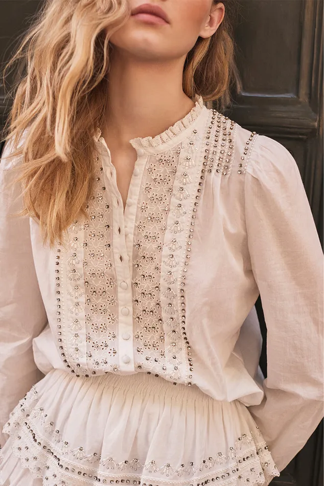 Women LoveShackFancy Tops Mildrene RhinestoneStudded Blouse White