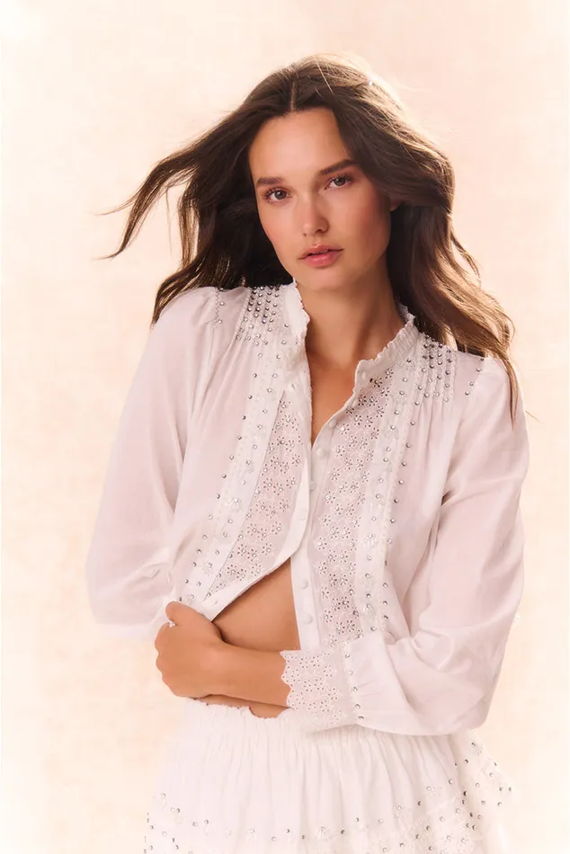 Women LoveShackFancy Tops Mildrene RhinestoneStudded Blouse White