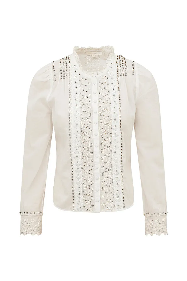 Women LoveShackFancy Tops Mildrene RhinestoneStudded Blouse White