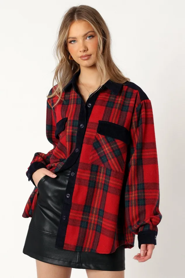 Women Lucille Plaid Shacket RedNavy Jackets and Coats Petal and Pup