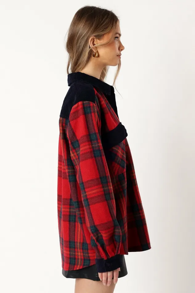 Women Lucille Plaid Shacket RedNavy Jackets and Coats Petal and Pup