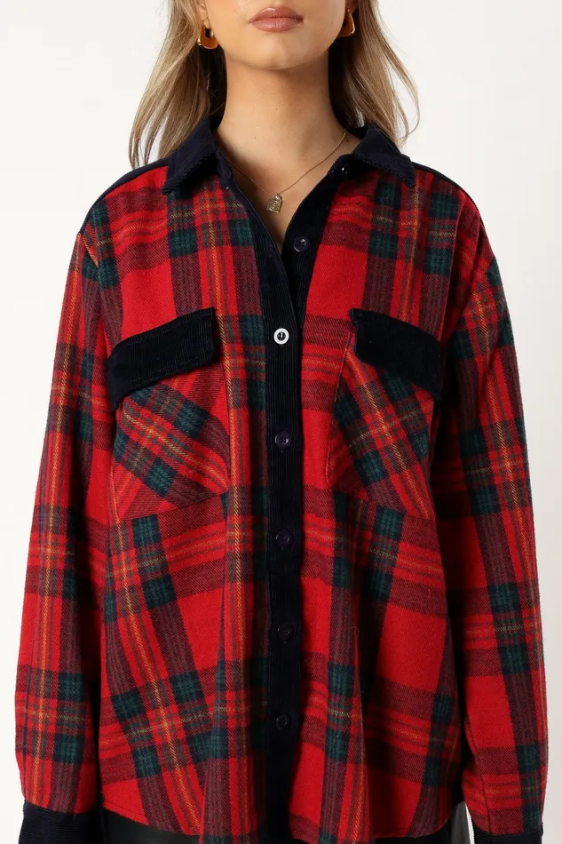 Women Lucille Plaid Shacket RedNavy Jackets and Coats Petal and Pup
