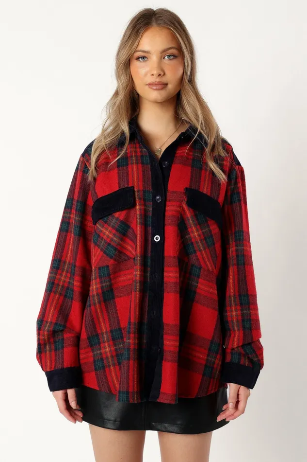 Women Lucille Plaid Shacket RedNavy Jackets and Coats Petal and Pup