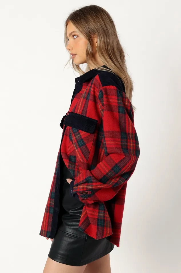 Women Lucille Plaid Shacket RedNavy Jackets and Coats Petal and Pup