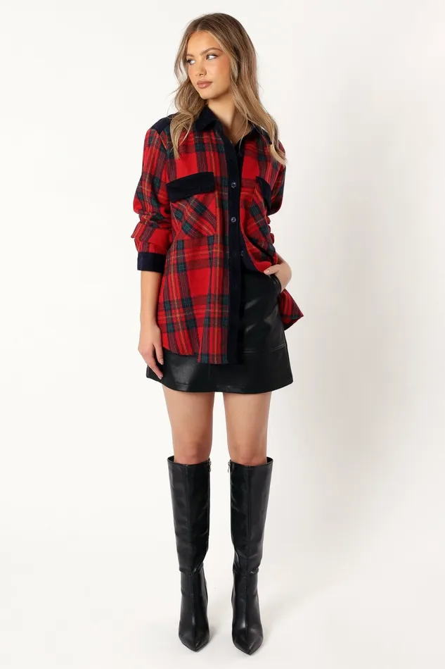 Women Lucille Plaid Shacket RedNavy Jackets and Coats Petal and Pup