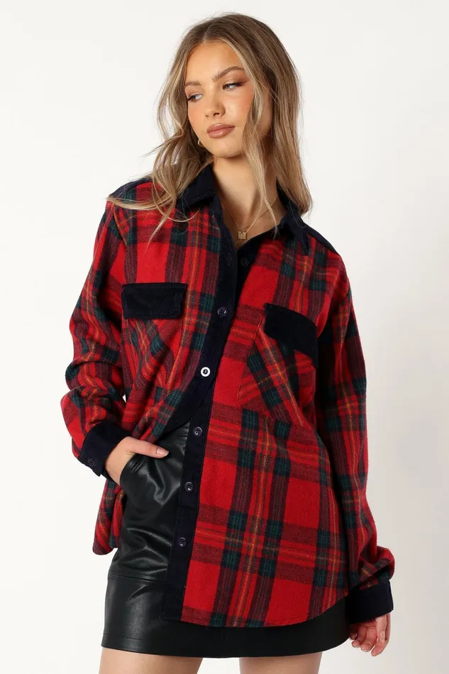 Women Lucille Plaid Shacket RedNavy Jackets and Coats Petal and Pup