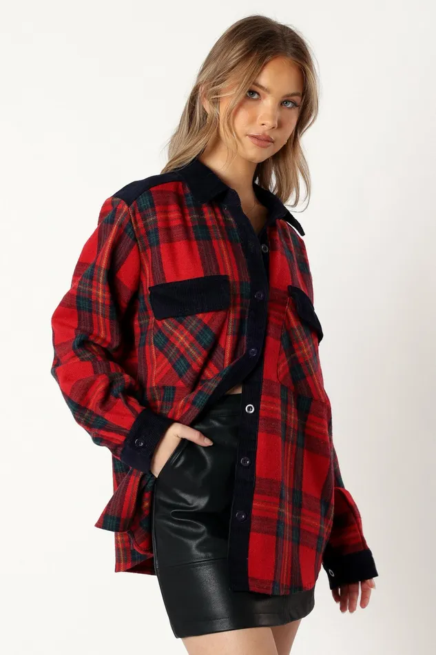 Women Lucille Plaid Shacket RedNavy Jackets and Coats Petal and Pup