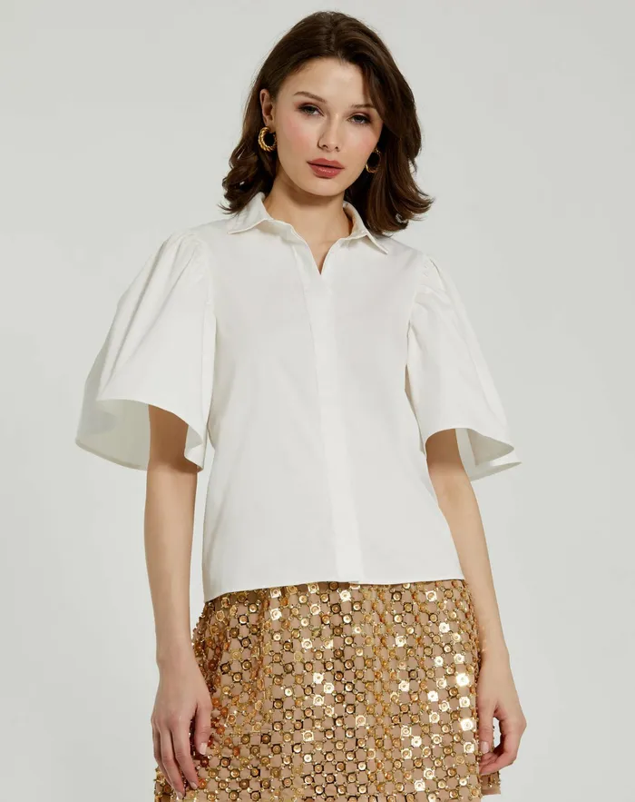 Women Mac Duggal Cotton Flare Ruffle Sleeve Button Up Top 8211 FINAL SALE White Blouses and Tops Women Mac Duggal Cotton Flare Ruffle Sleeve Button Up Top 8211 FINAL SALE White Blouses and Tops