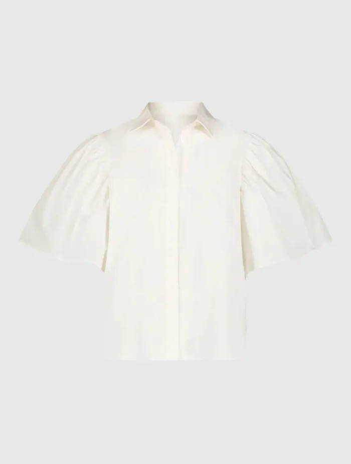 Women Mac Duggal Cotton Flare Ruffle Sleeve Button Up Top 8211 FINAL SALE White Blouses and Tops