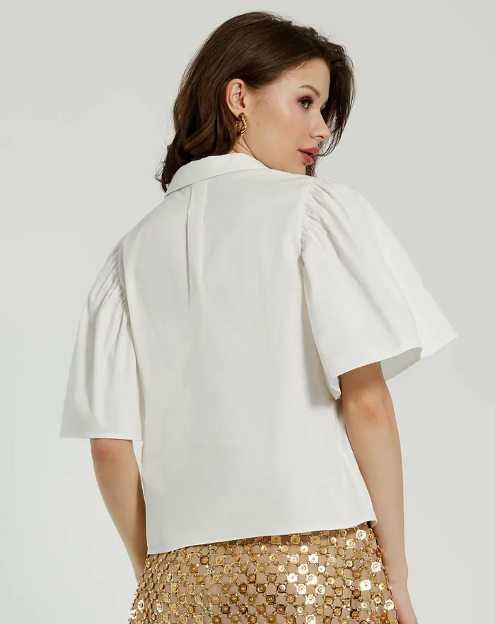 Women Mac Duggal Cotton Flare Ruffle Sleeve Button Up Top 8211 FINAL SALE White Blouses and Tops