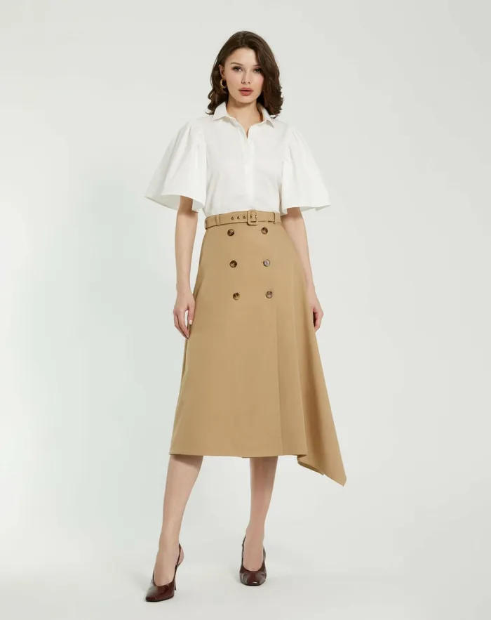 Women Mac Duggal Cotton Flare Ruffle Sleeve Button Up Top 8211 FINAL SALE White Blouses and Tops
