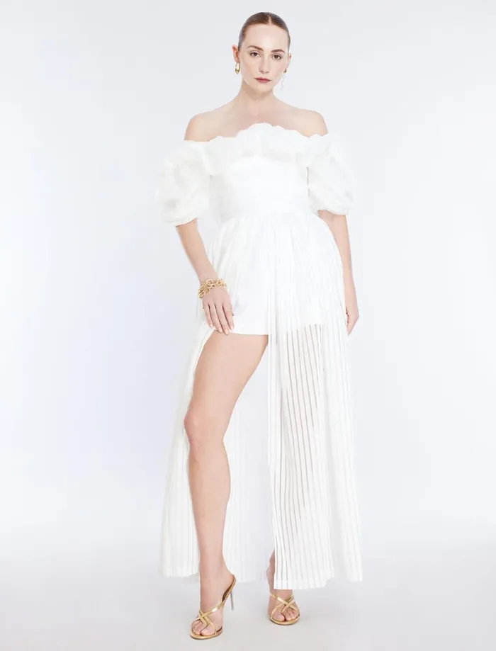 Women Maisie Off Shoulder Romper Gardenia BCBG Jumpsuits and Rompers