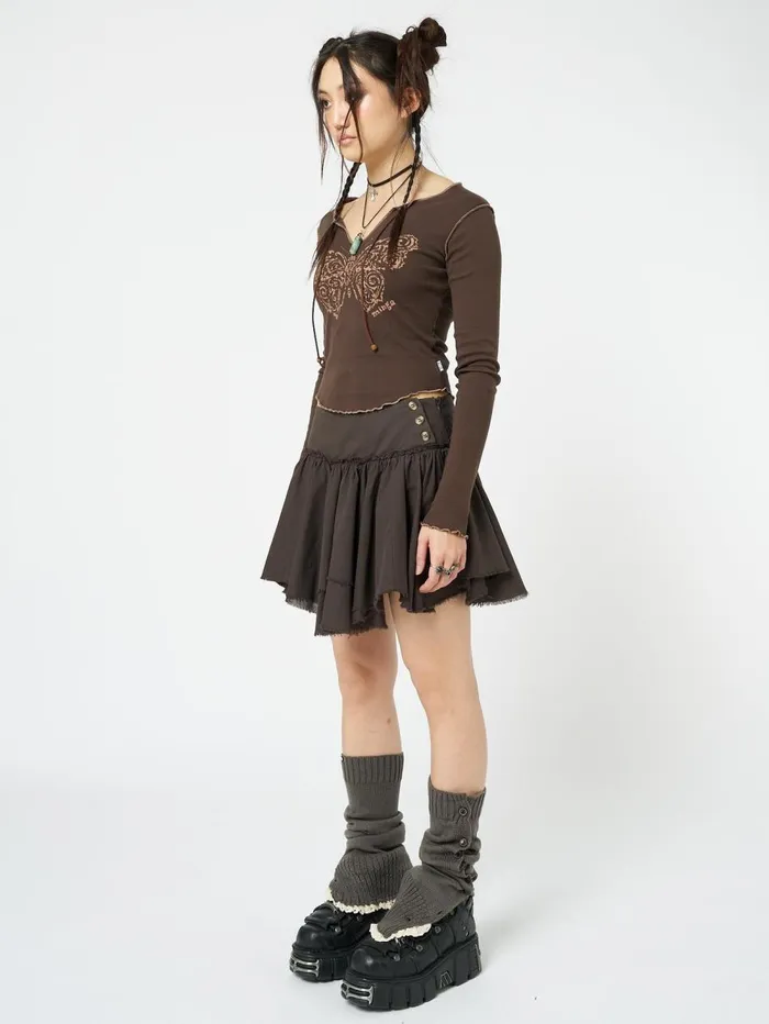 Women Minga London Bottoms Flora Brown Layered Asymmetrical Mini Skirt