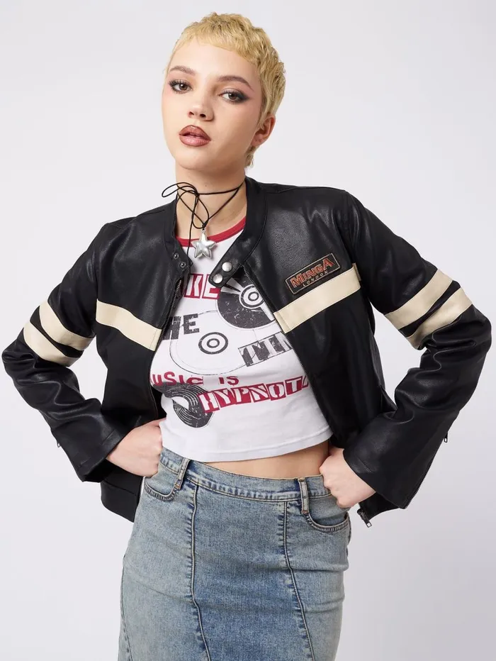 Women Minga London Jackets and Cardigans Chiara Black Vegan Racer Jacket